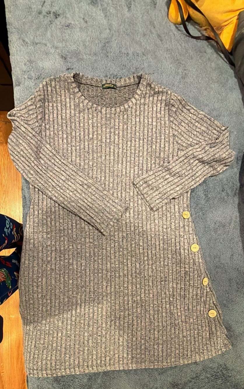 Ofeefan Grey Ribbed Knit Long Sleeve Sweater Dress with Button Detail XL